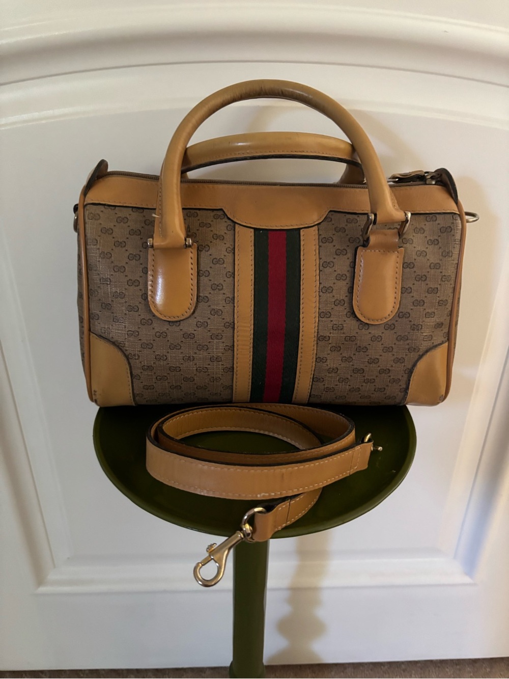 VintageGucci Monogram Canvas Bag with Tan Leather and Green-Red Web Stripe